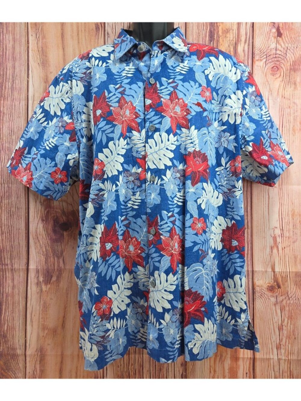 Tommy Bahama Mens Floral Hawaiian Shirt XL Blue Red Short Sleeve Cotton